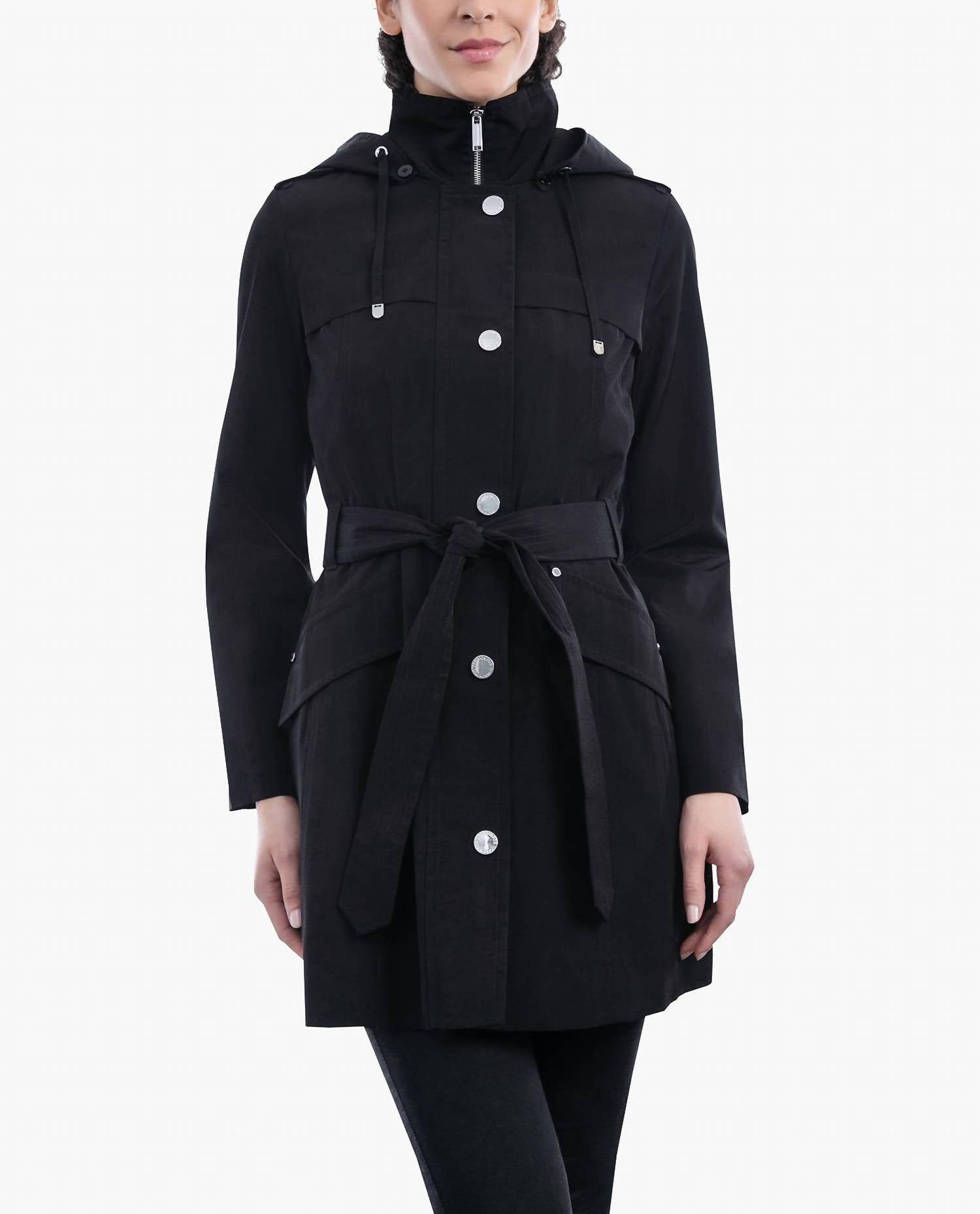 Zip Front Hooded Trench With Belt In Black