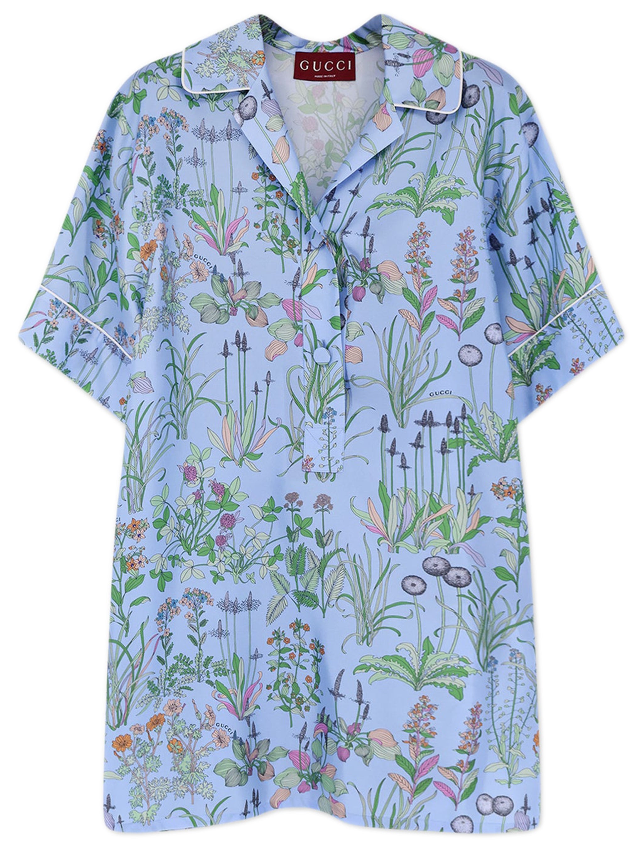 Silk Bowling-Collar Short-Sleeve Top with Covered Button Closure
