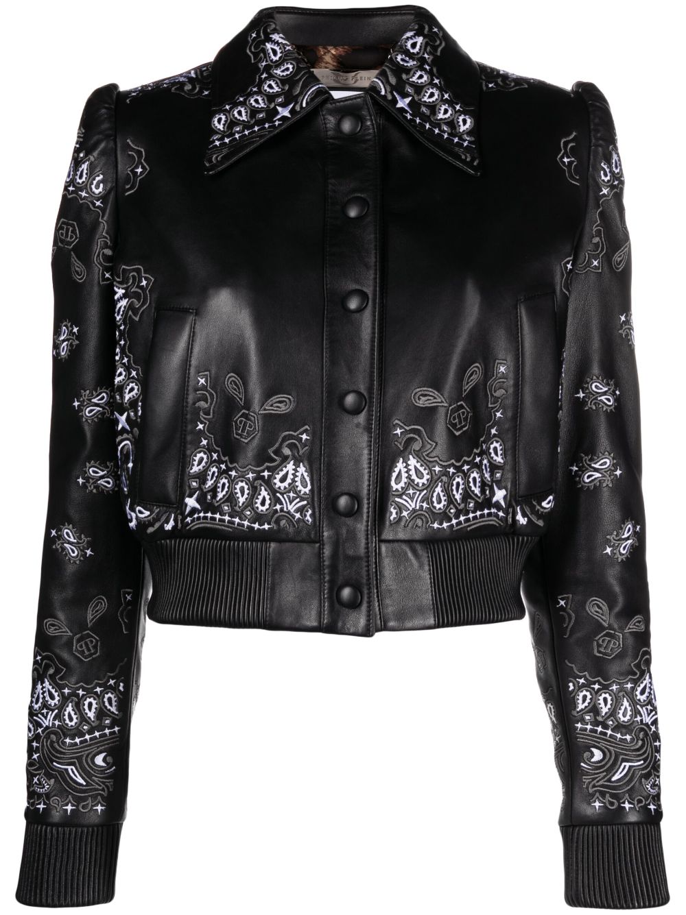Embroidered leather jacket - Black
