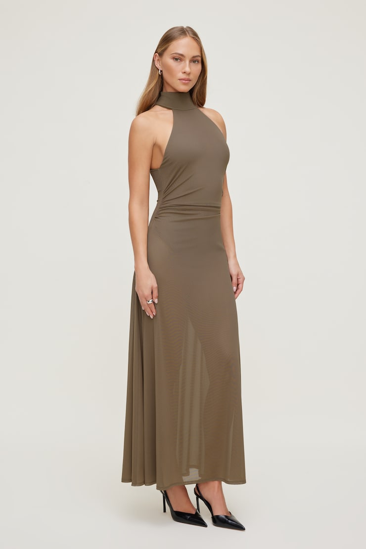 Sheer Mesh Halter Maxi Dress - Brown - Women Clothing