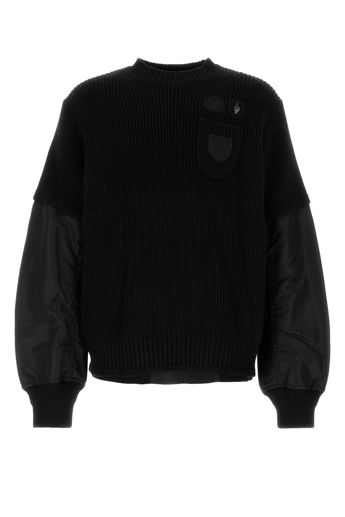 Ribbed Knit with Nylon Sleeves Sweater — Black