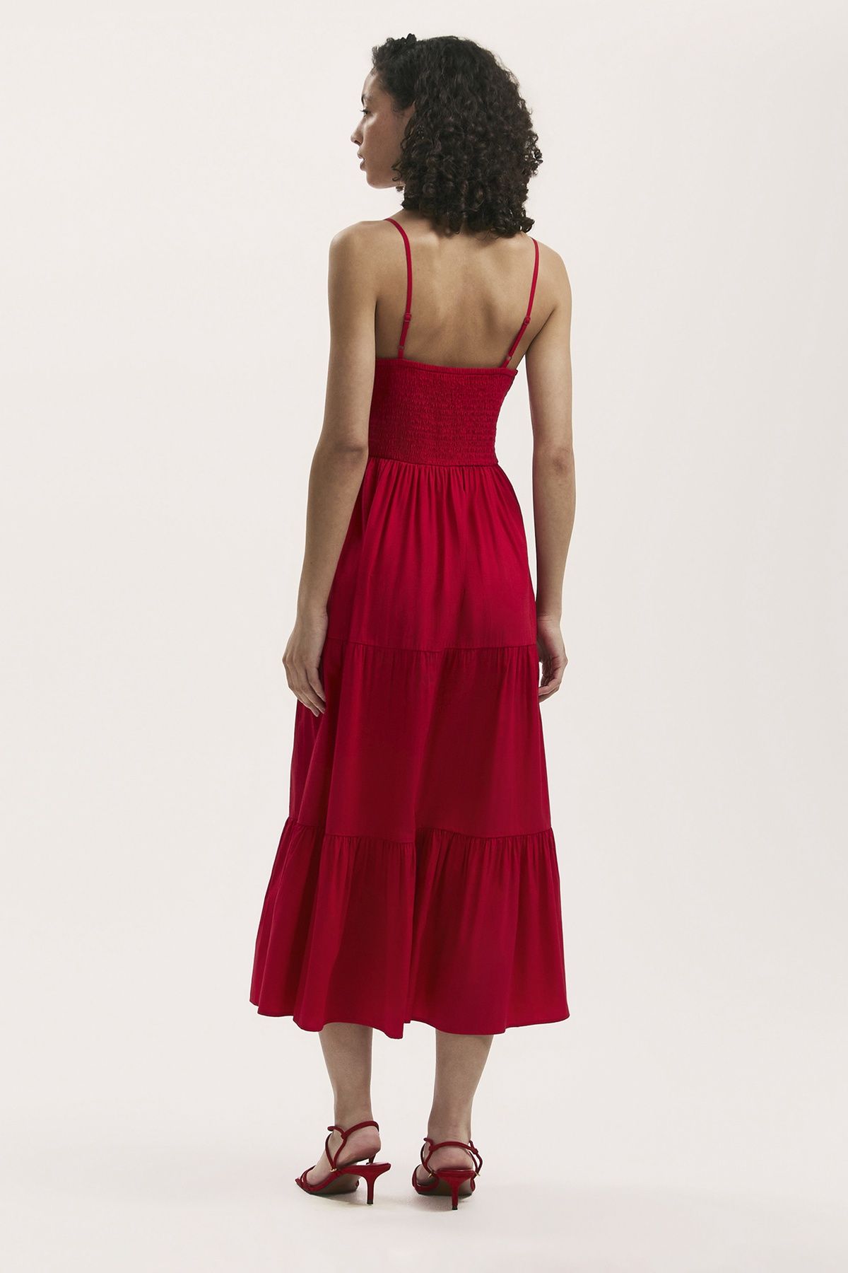Finery London Emmie Cotton Strappy Midi Tiered Dress In Scarlet