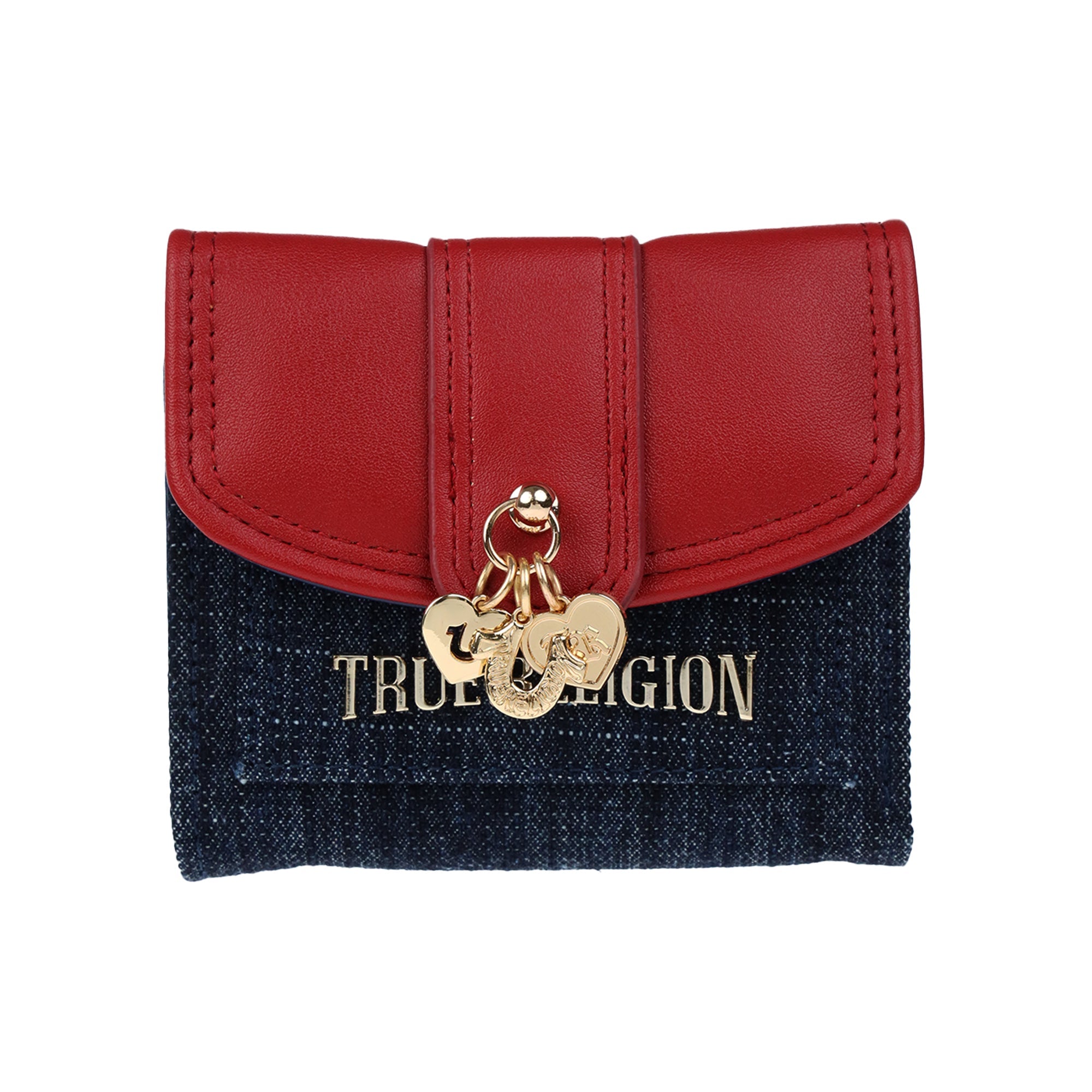 Charm Dangle PU Flap Trifold Wallet - Denim & Red