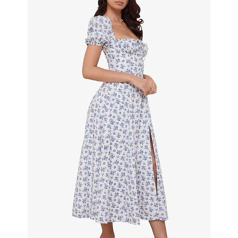 Womens Blue White Floral Tallulah Floral-print Stretch-cotton Blend Midi Dress