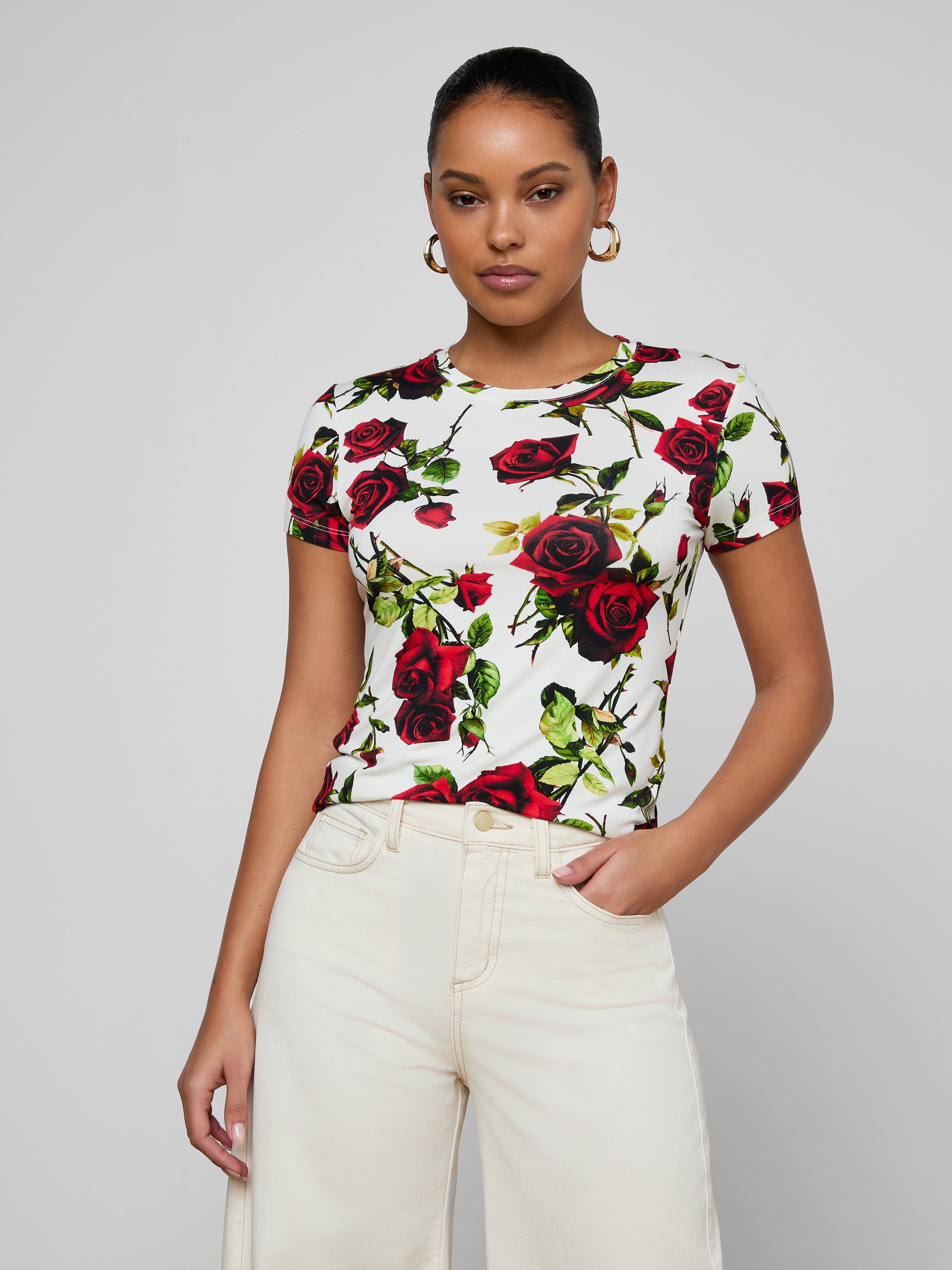 Ressi Fitted T-Shirt In White/red Romantic Rose