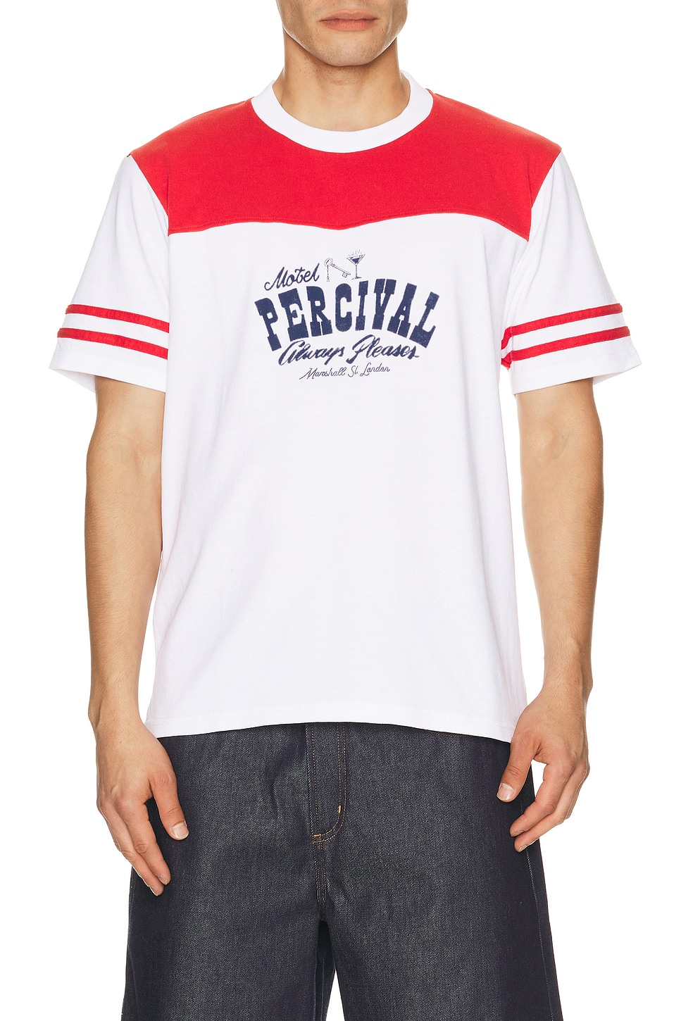 Percival Cut And Sew Regular Tee in White & Red - White. XL/1X also in S
