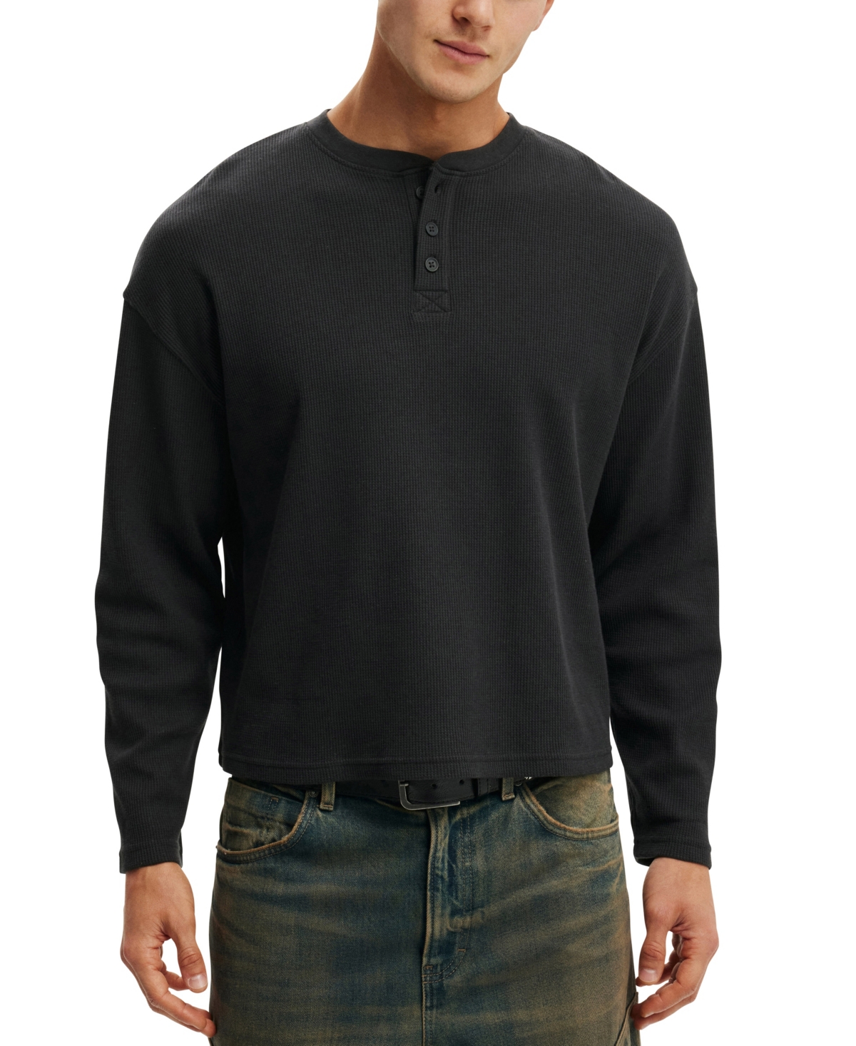 Men's Modern-Fit Textured Henley Lo T-shirt - Black