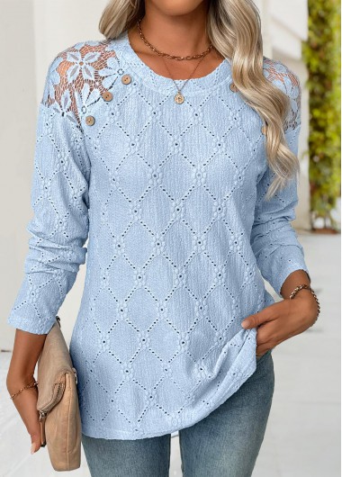 Modlily Light Blue Long Sleeve Round Neck T Shirt