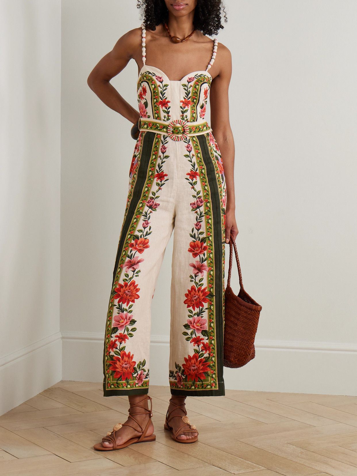 Wonder Rio Belted Embellished Printed Linen Jumpsuit - White