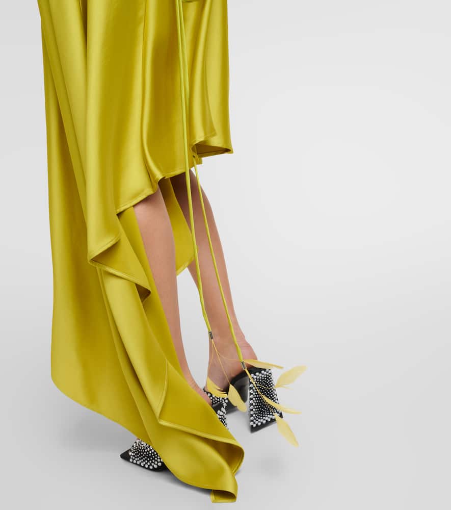 Feather-trimmed satin gown