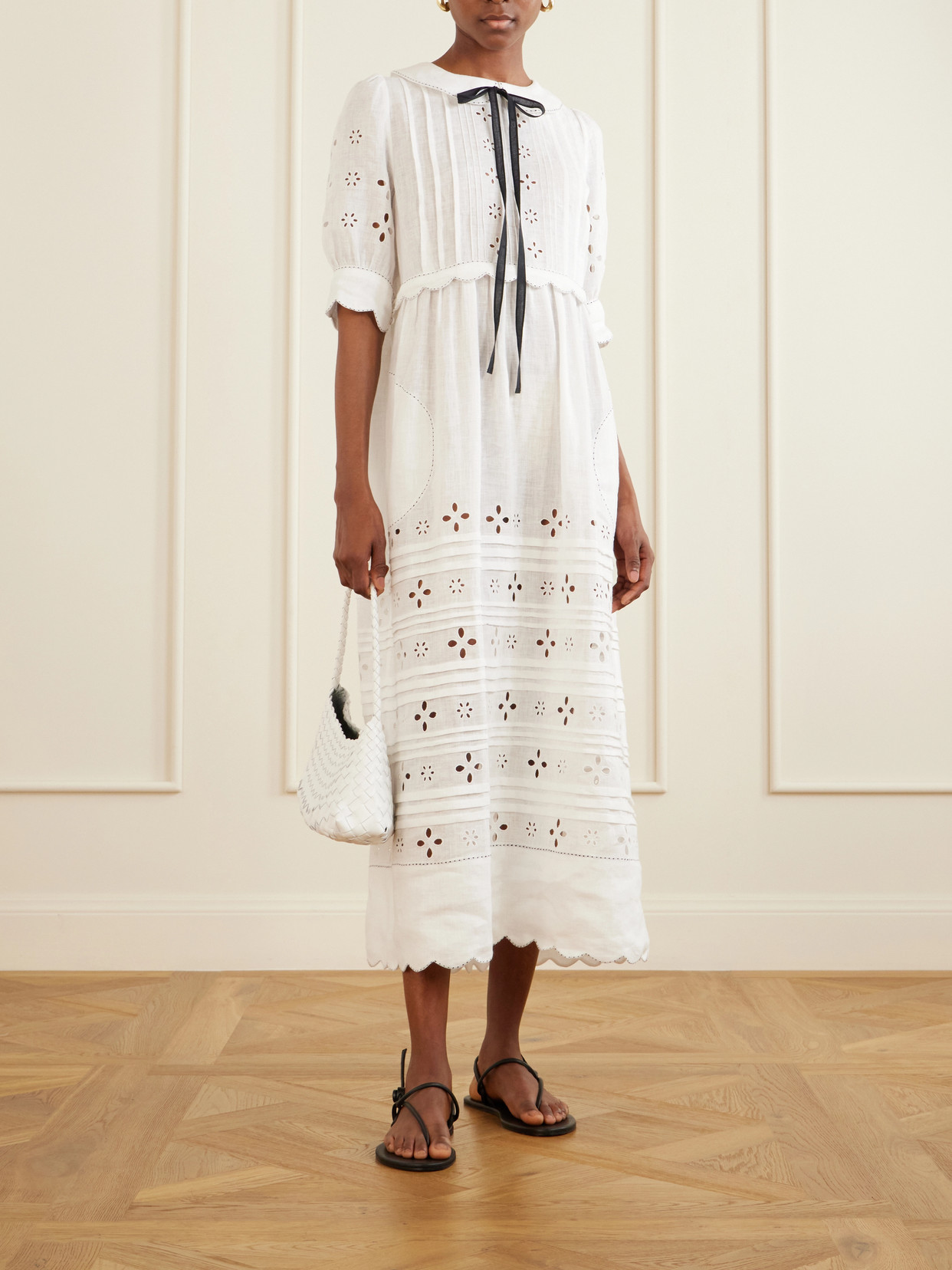 Bari Tie-detailed Broderie Anglaise-trimmed Linen Midi Dress - White