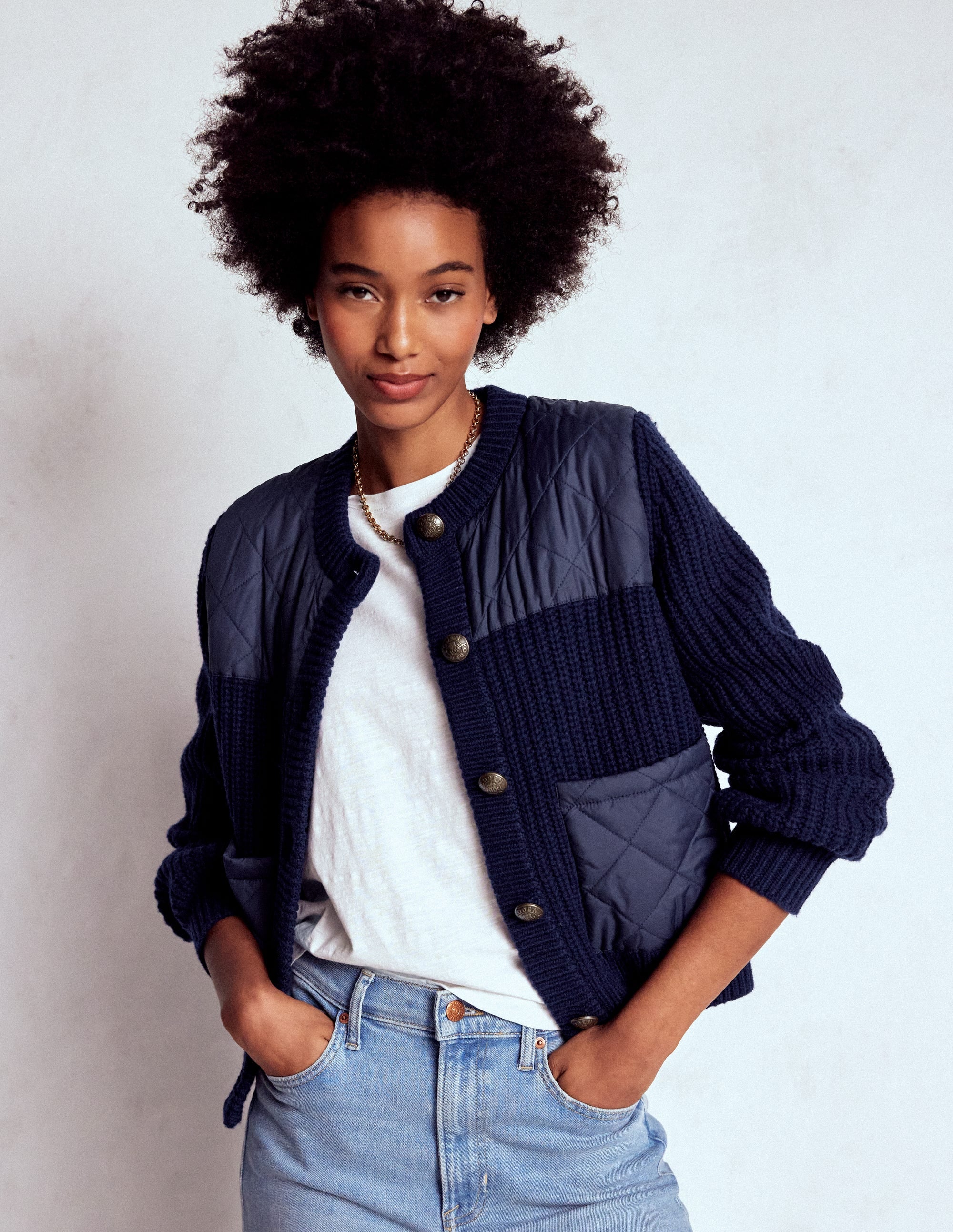 Short Quilted Knitted Jacket Navy