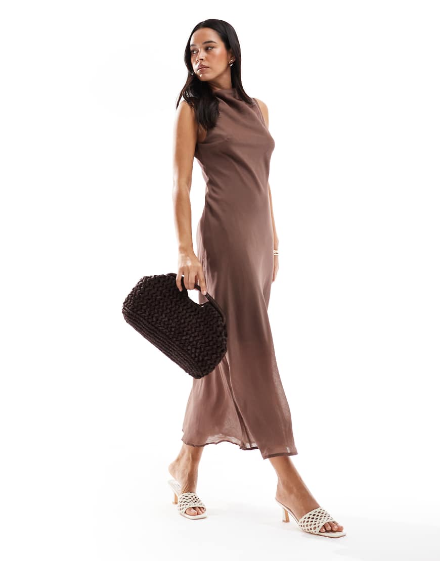 Brave Soul sleeveless high neck midi dress in mocha brown