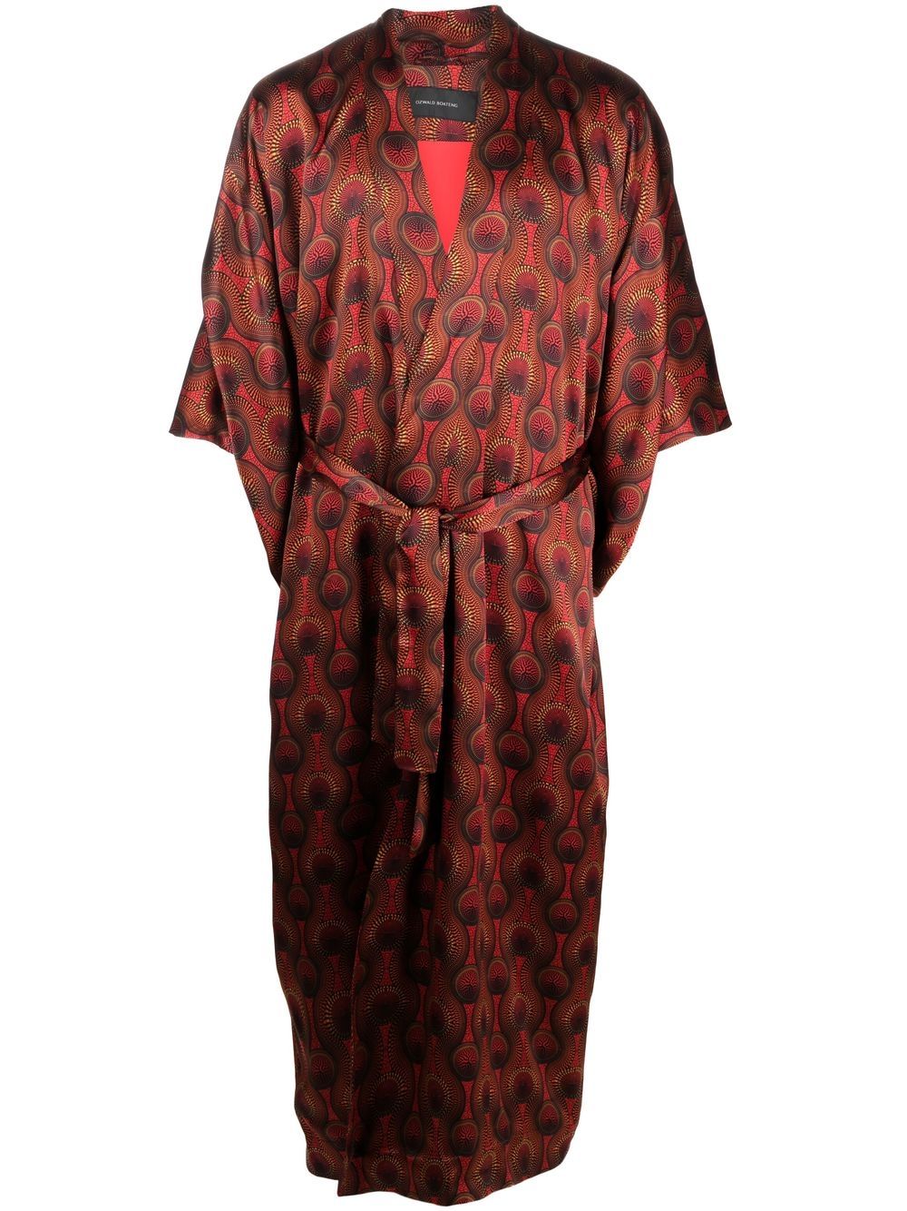 Geometric-Print Silk Kimono — Red