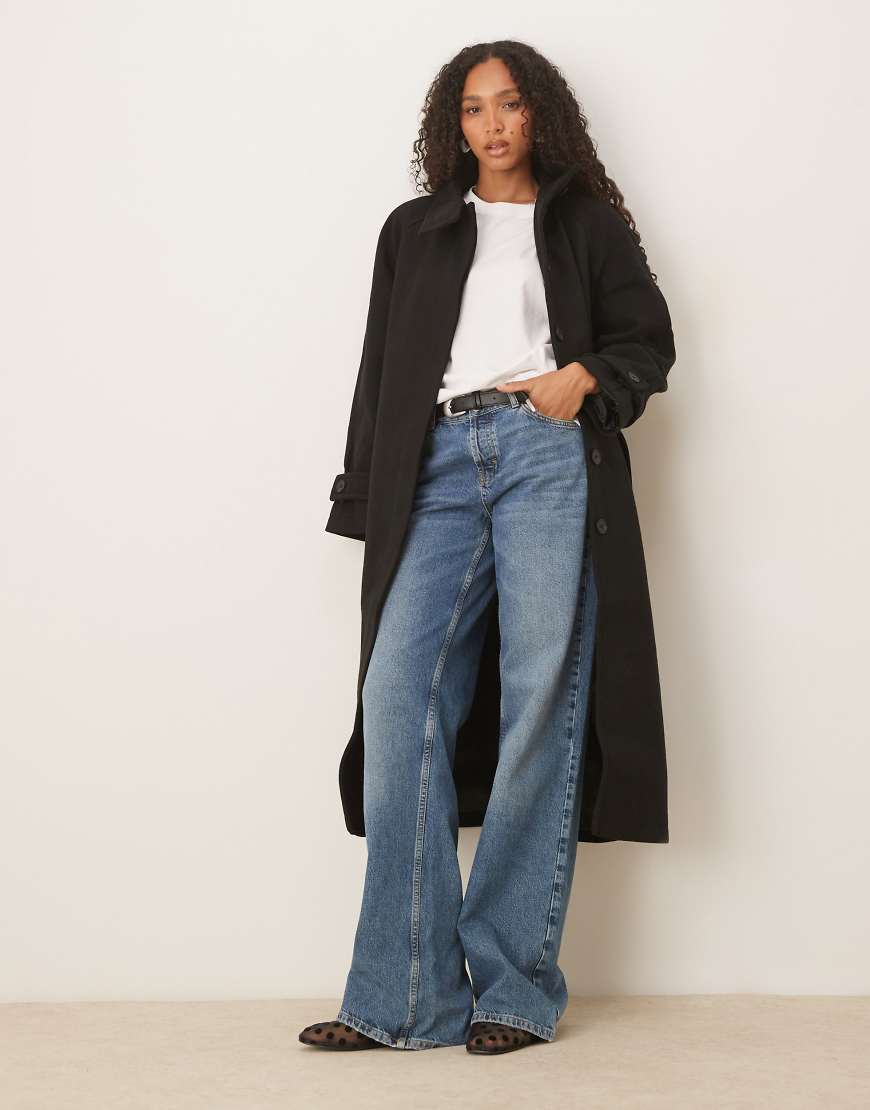 Funnel neck longline formal trench coat in black