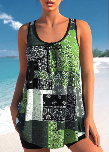 Modlily Bowknot Blackish Green Paisley Print Tankini Top