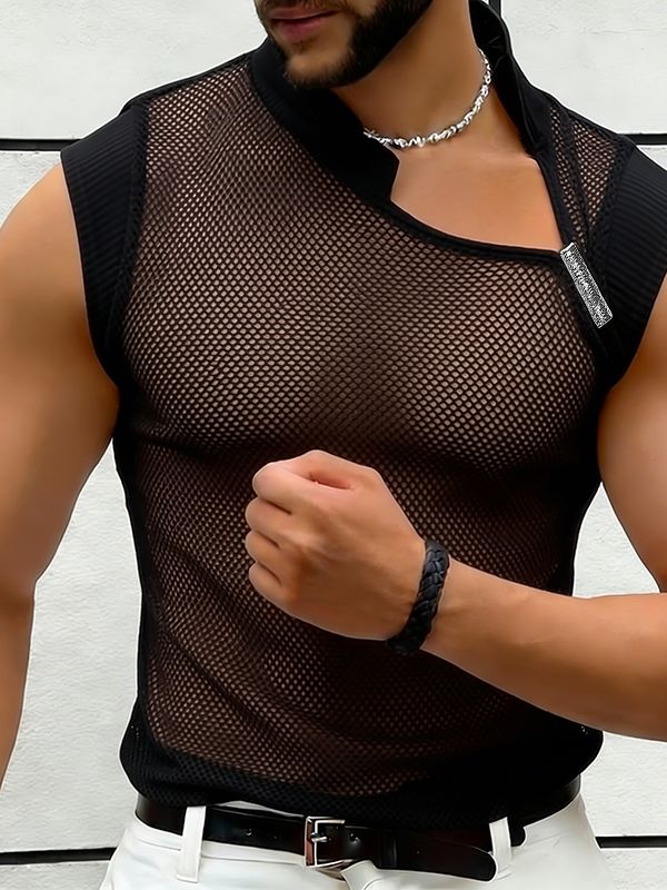Men's Avant-Garde Asymmetrical Mock Neck Mesh Tank SKUL56627 - Black / S