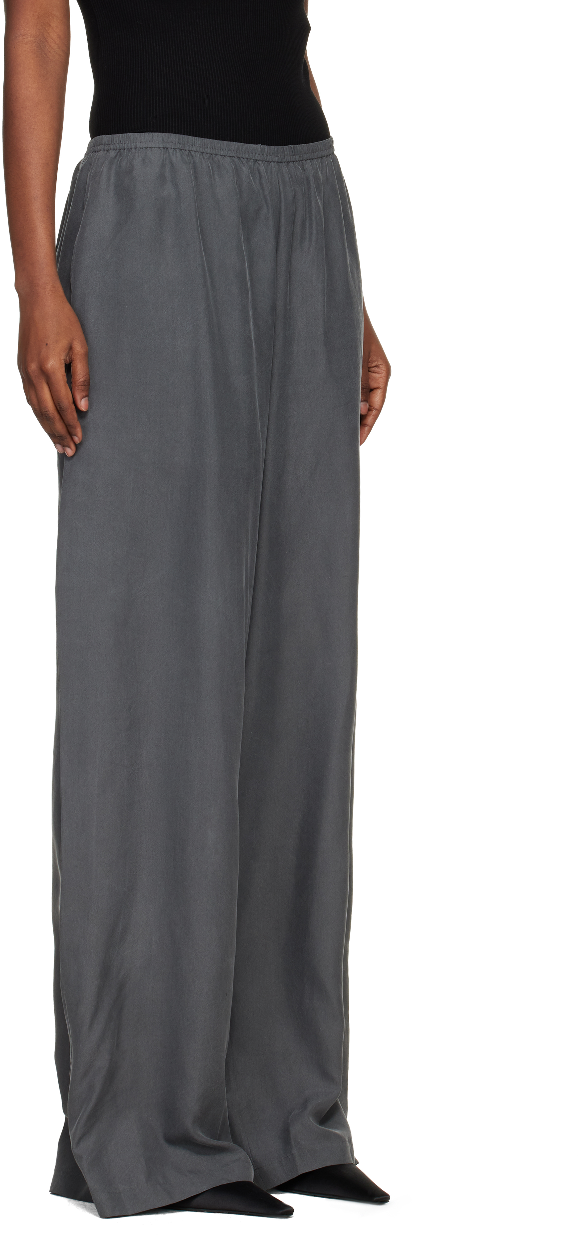 Gray Mid-Rise Silk Track Pants