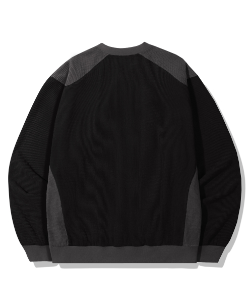 Waffle Color Block Henley Neck Sweatshirt_Black