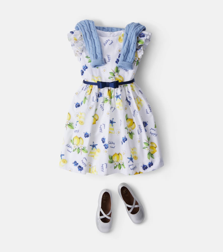 Belted printed ruffled cotton dress