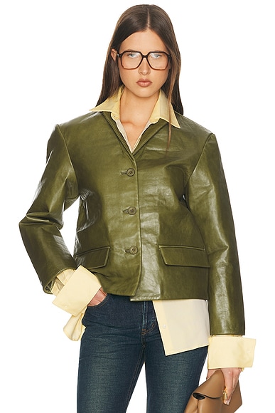 Helsa Puffy Leather Jacket in Avocado - Green. L also in XXS, XS, S