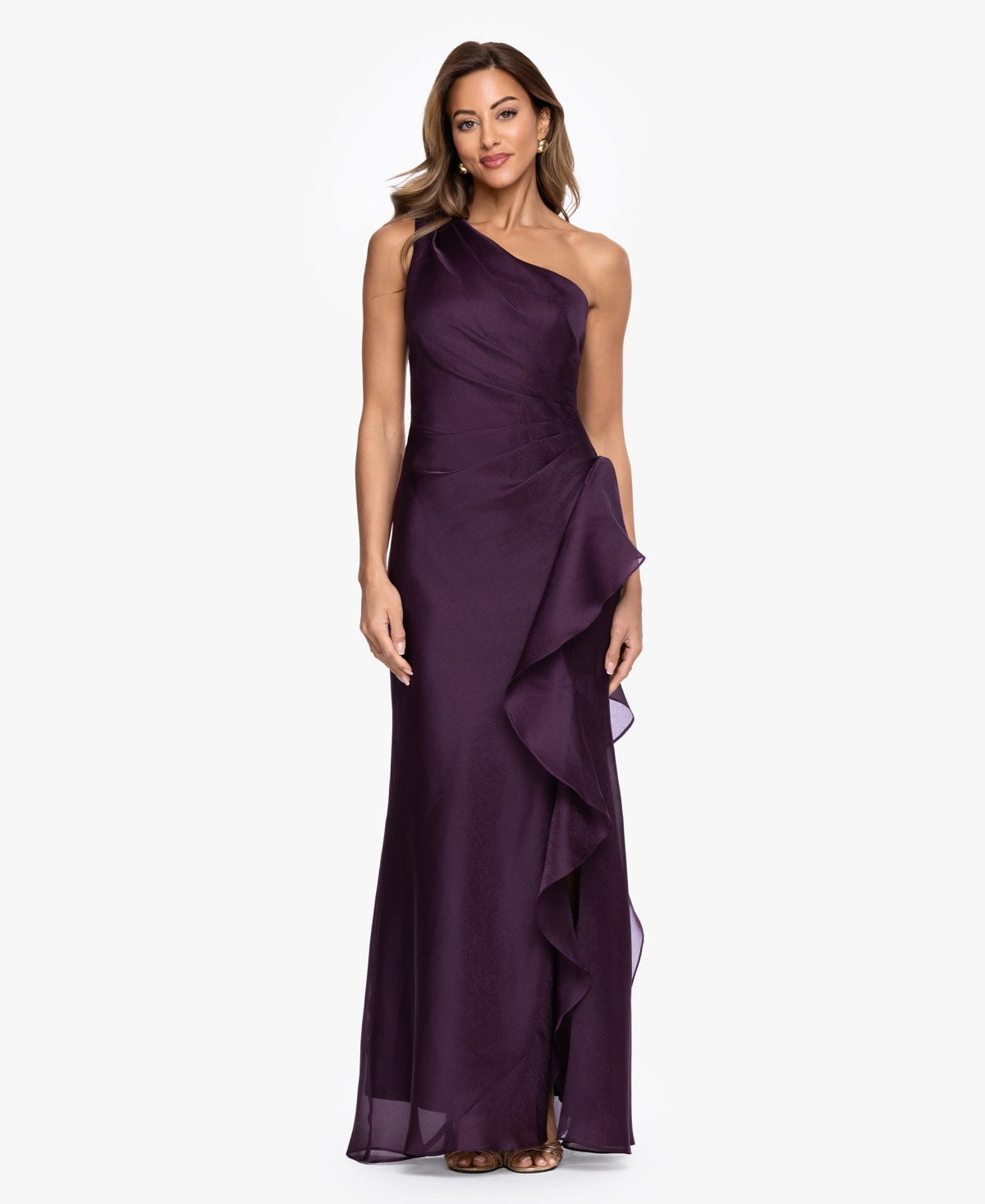 Women's One-Shoulder Ruffle Detail Ball Gown - Plum