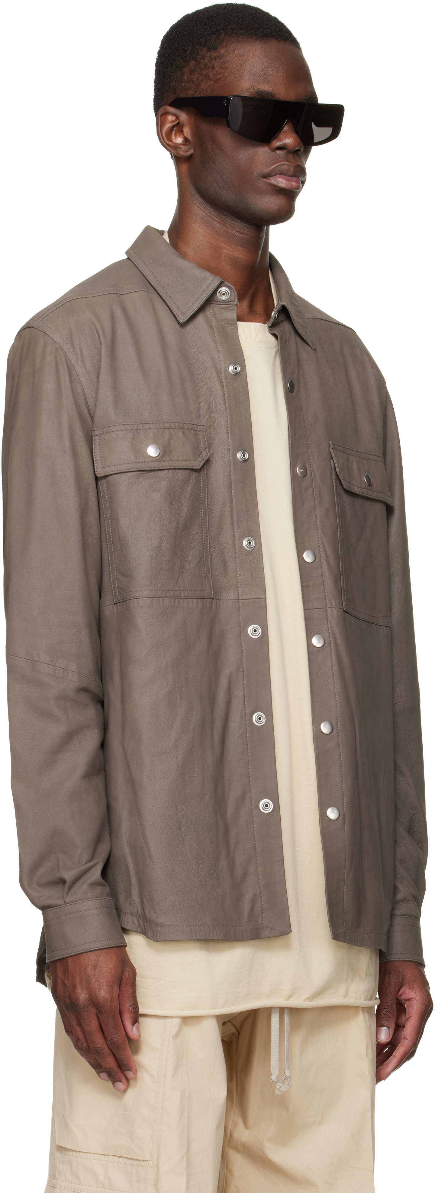 Gray Temple Feather Nappa Leather Outer Shirt