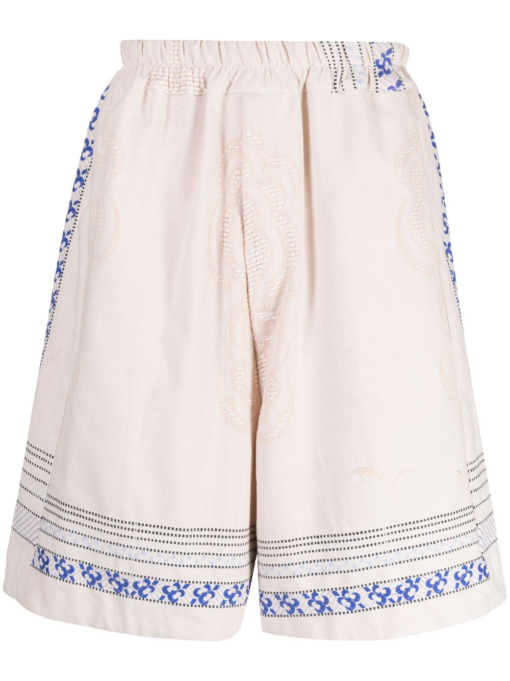 Floral-embroidered linen drop-crotch shorts - Neutrals