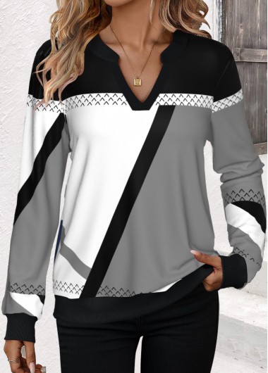 Modlily Black Patchwork Geometric Print Split Neck Sweatshirt