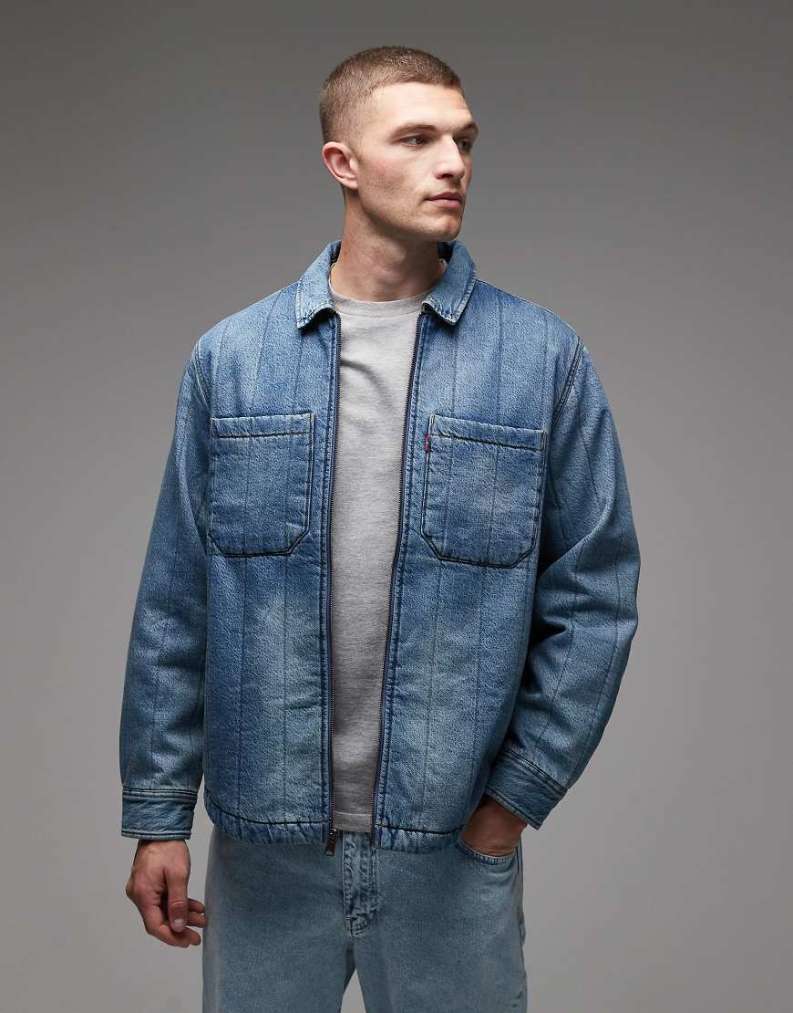 Kyren quilted zip front denim overshirt jacket in light wash-Blue
