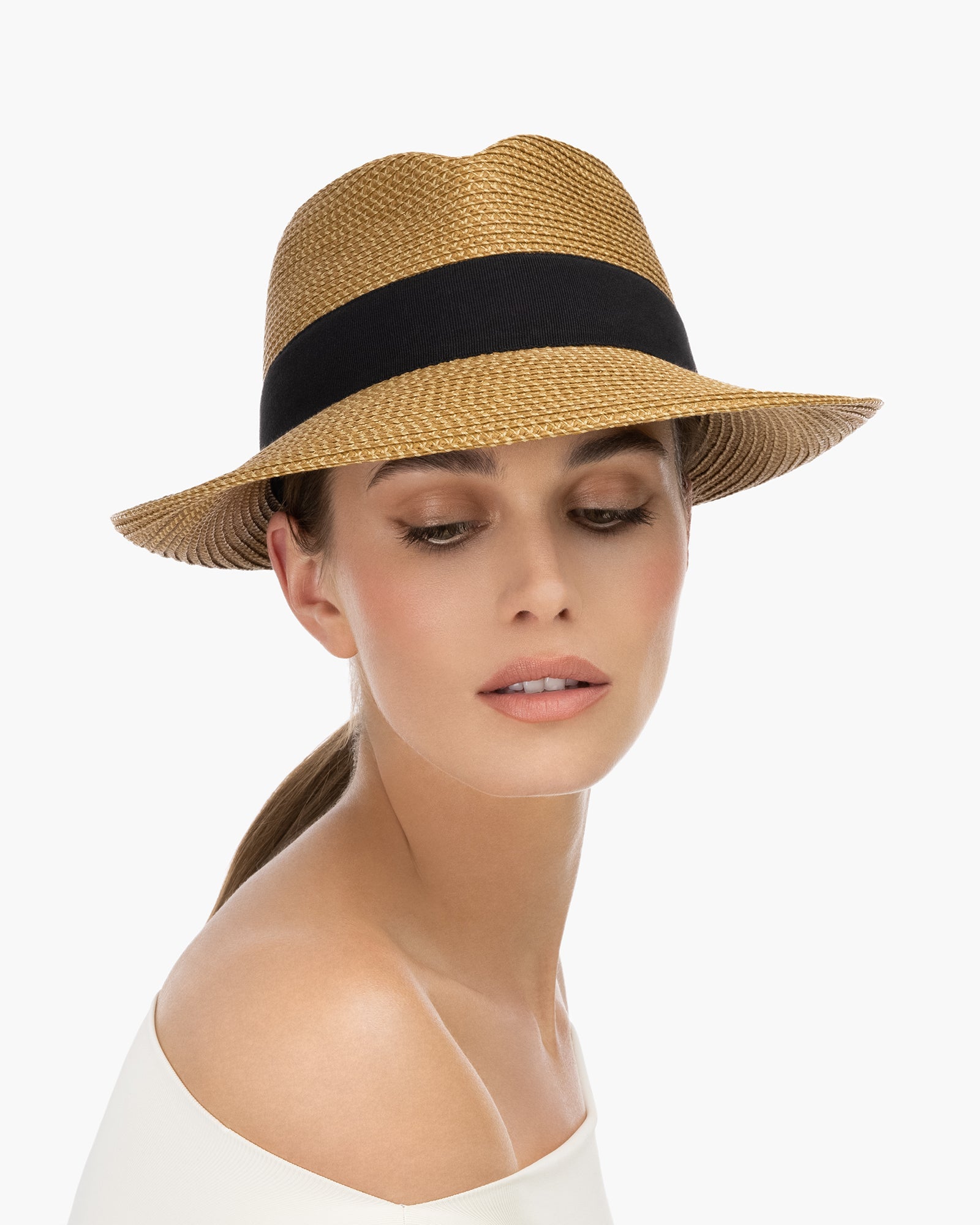 Squishee Classic Fedora for Women, Natural/Black, Packable Straw Hat