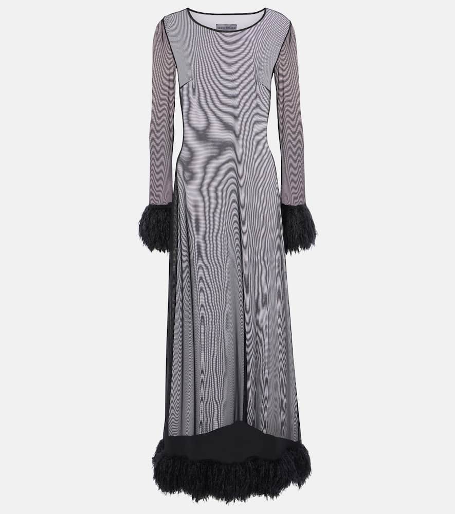 Faux feather-trimmed mesh maxi dress