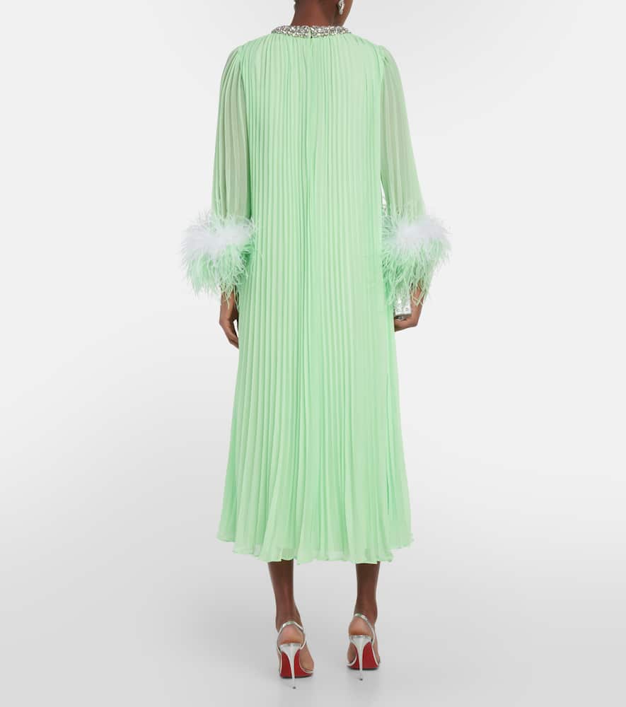 Self-Portrait Pleated feather-trimmed chiffon gown