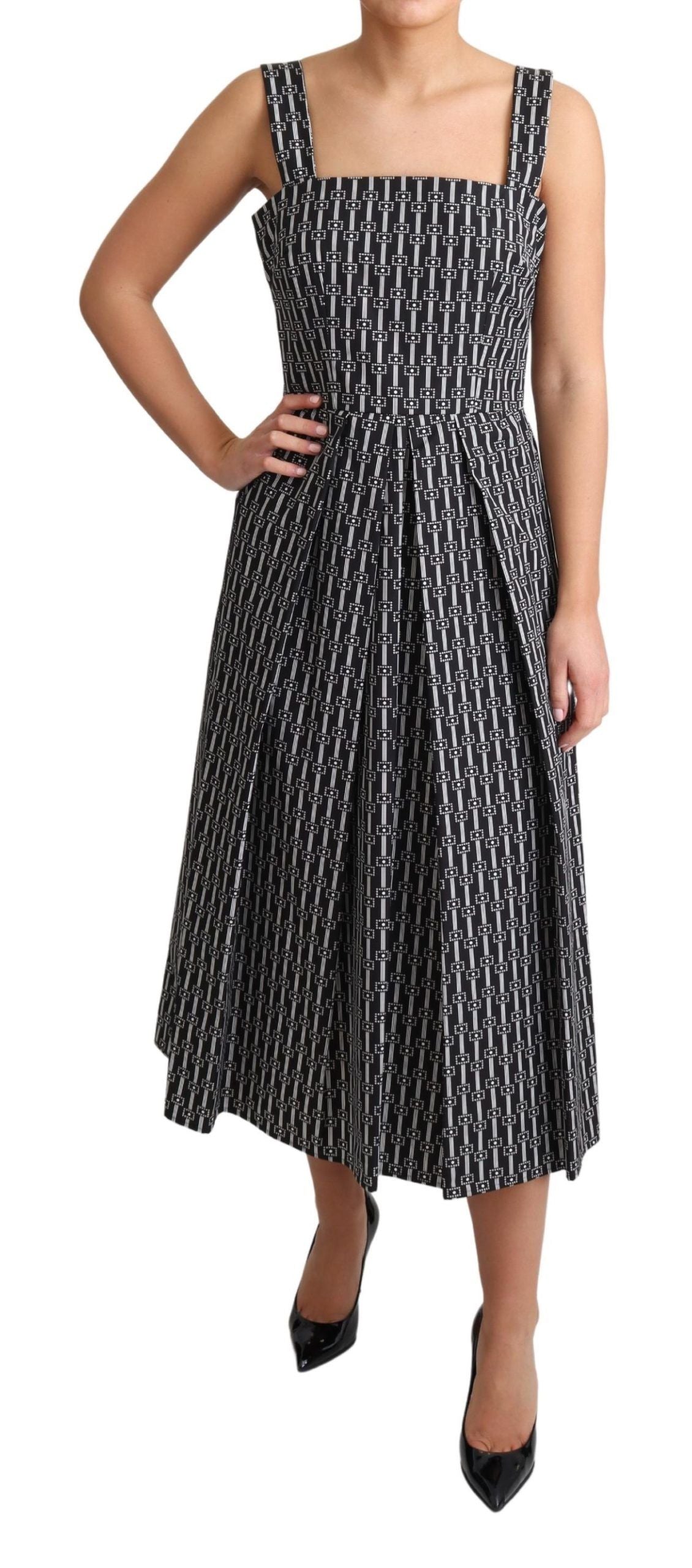 Geometric Pattern Cotton A-Line Dress — Black
