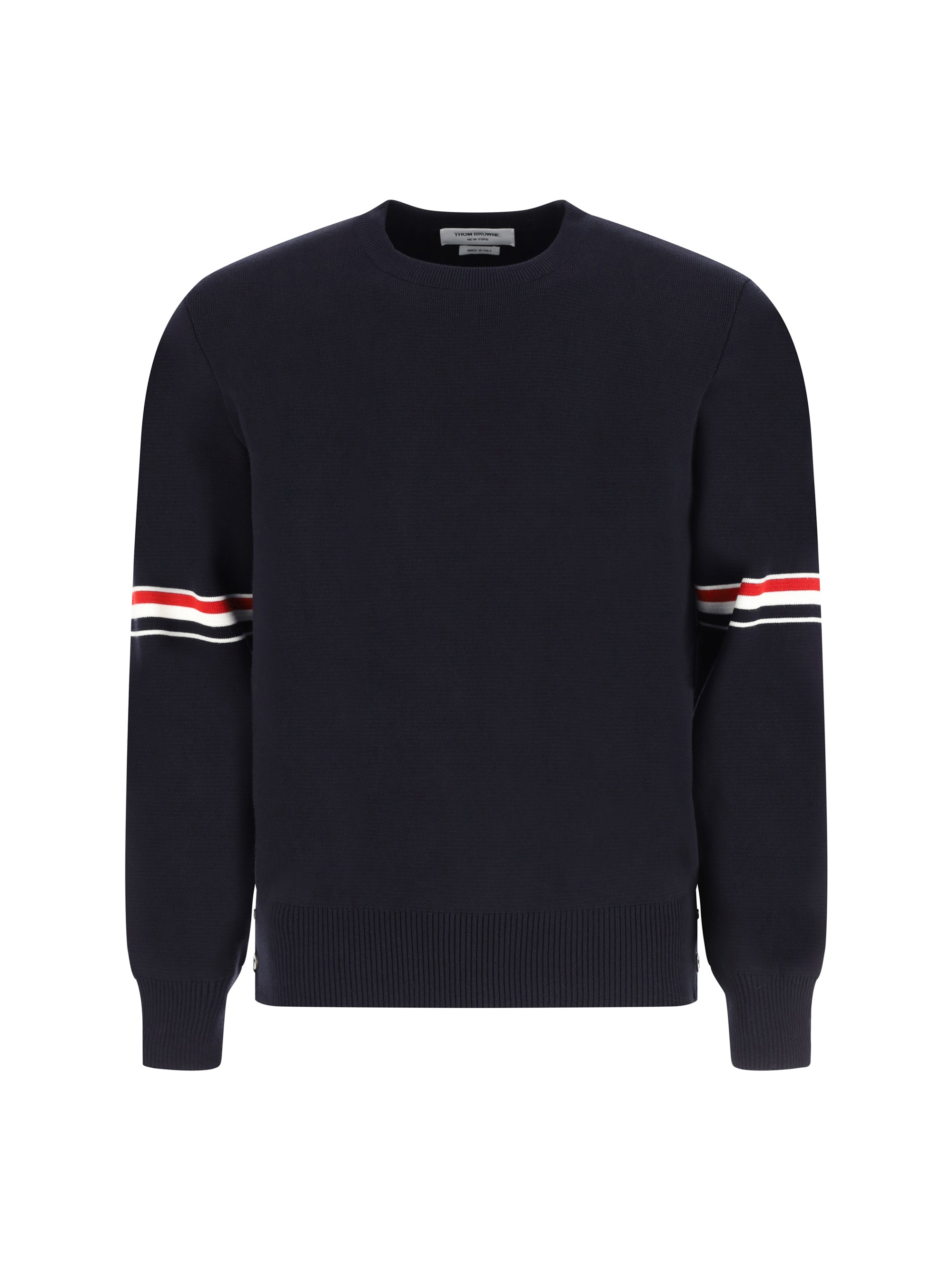 Striped-Sleeve Cotton Sweater — Navy