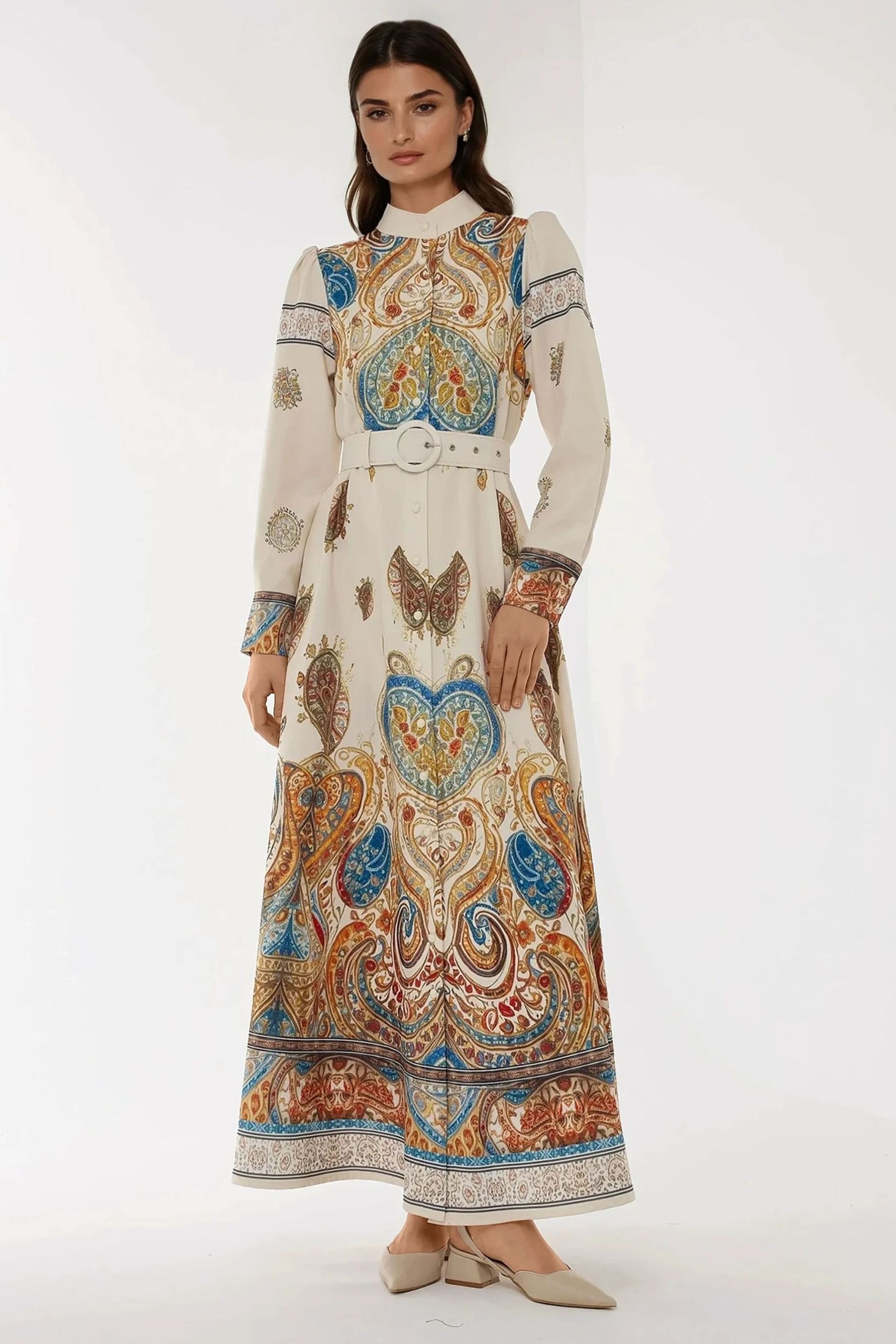White Printed A-form Maxi Dress With Belt Women