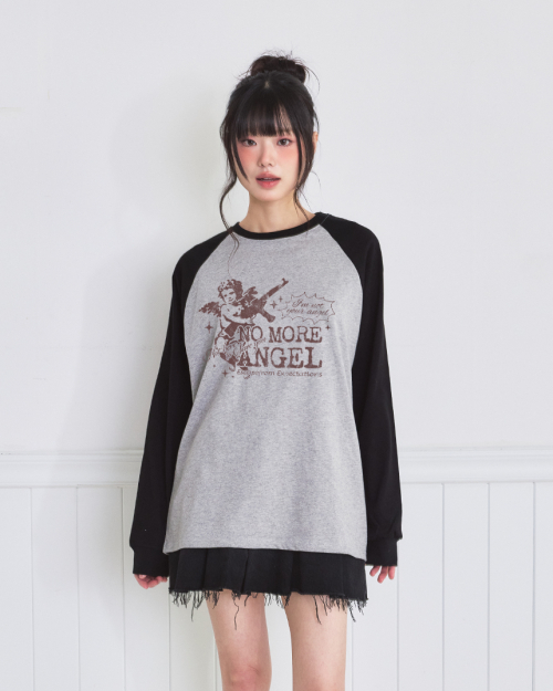 No More Angel Print Semi Oversized Long Sleeve Gray