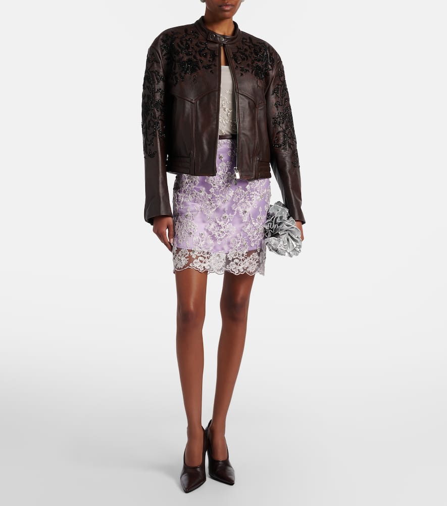 Embellished lace miniskirt