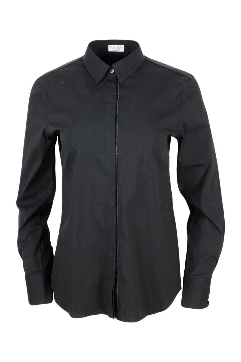 Long-sleeved Shirt In Stretch Cotton With Long Monili Closure