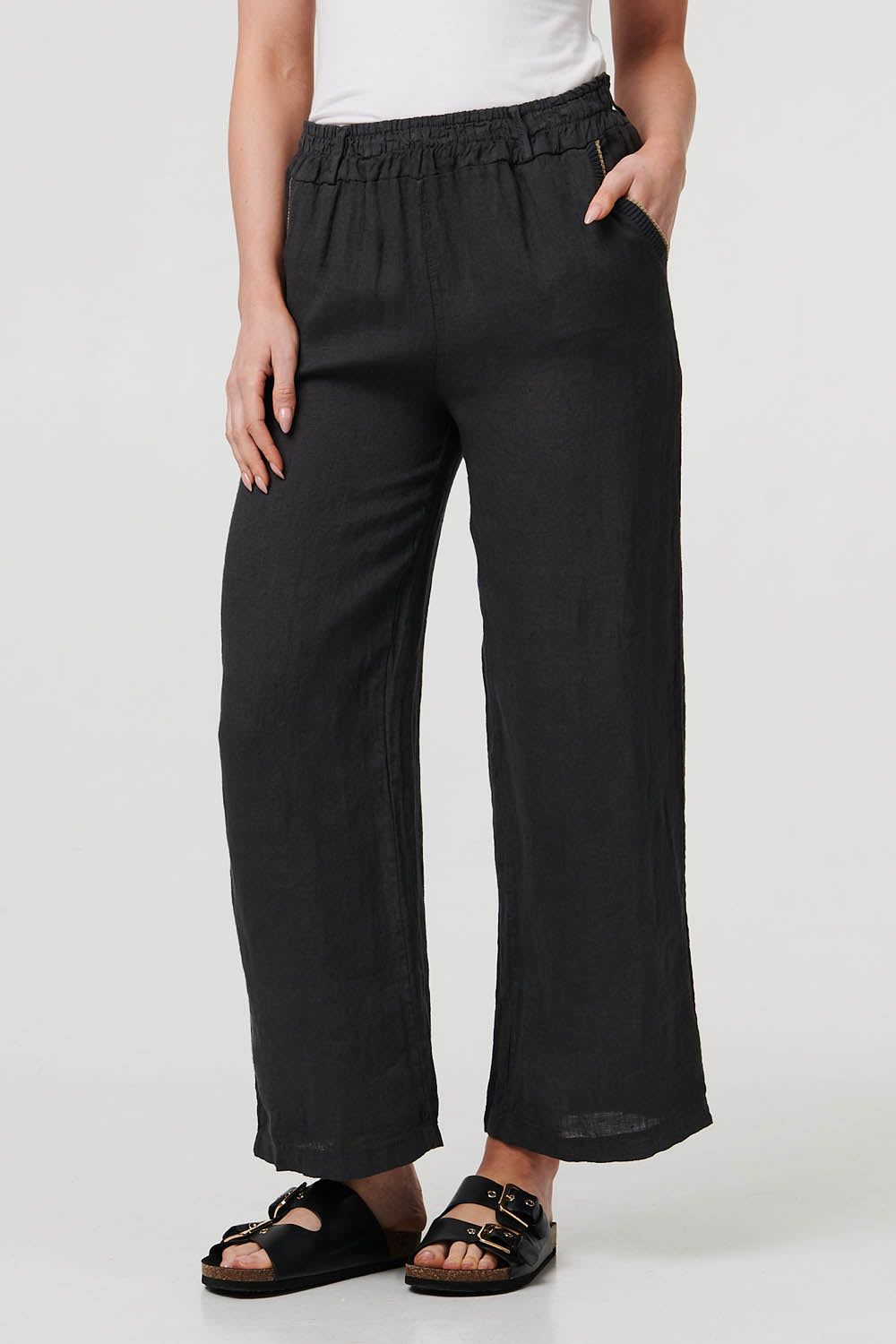 Izabel London Women's High Waist Wide Ankle Length Trousers in Charcoa