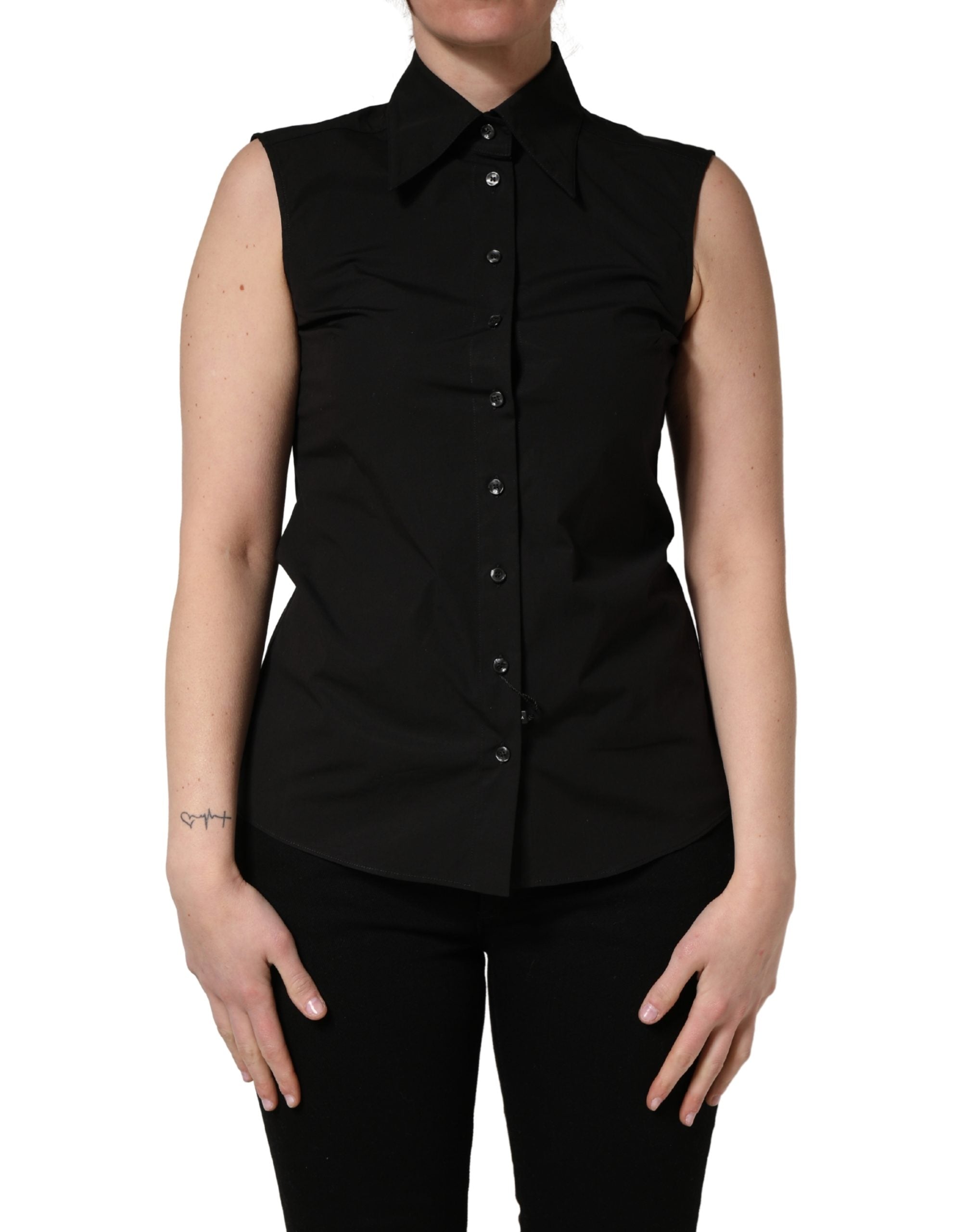 Cotton Sleeveless Collared Blouse — Black