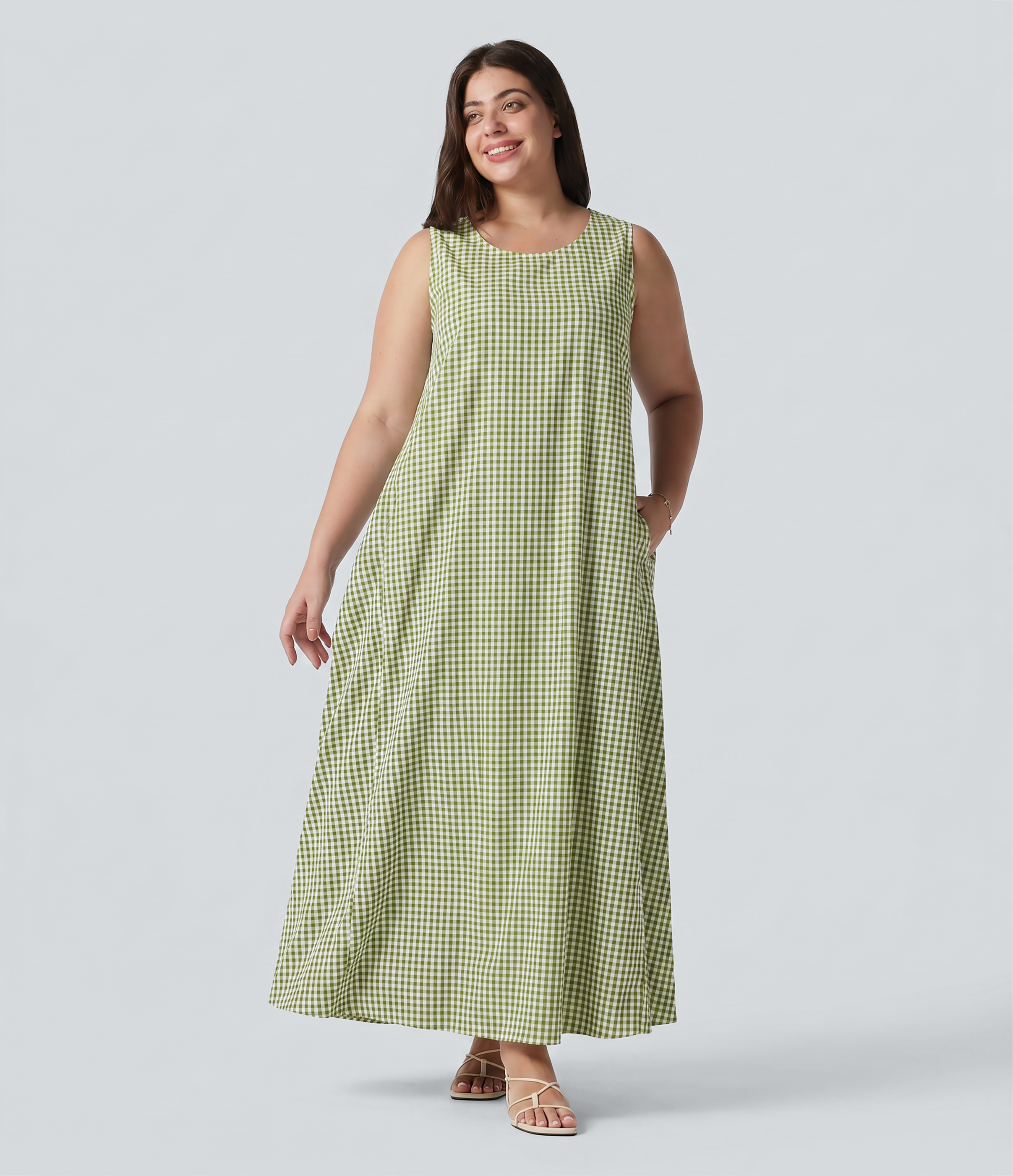 Plus Size Round Neck Sleeveless Midi Crinkle Gingham Casual Tank Dress with Pockets Casual Dress - Herbal Mist Check