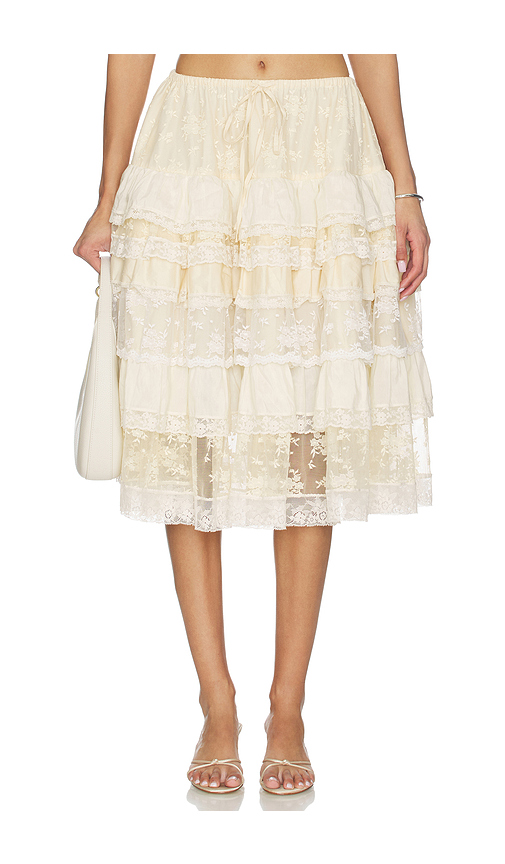 Yuhan Wang Tiered Lace Ruffle Skirt in Beige. M. Also in