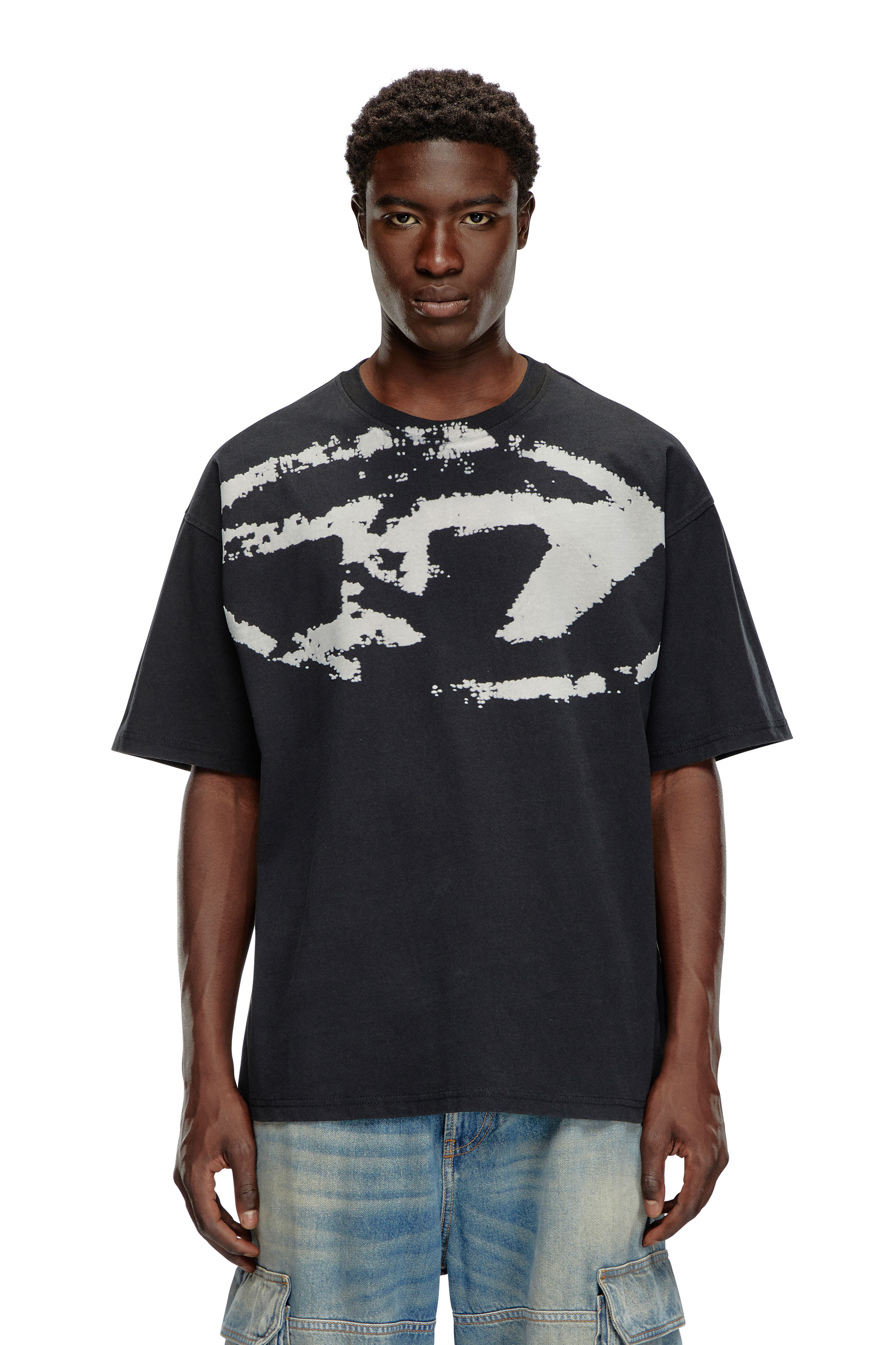 T-shirt with distressed flocked logo - T-Shirts - Man - Black