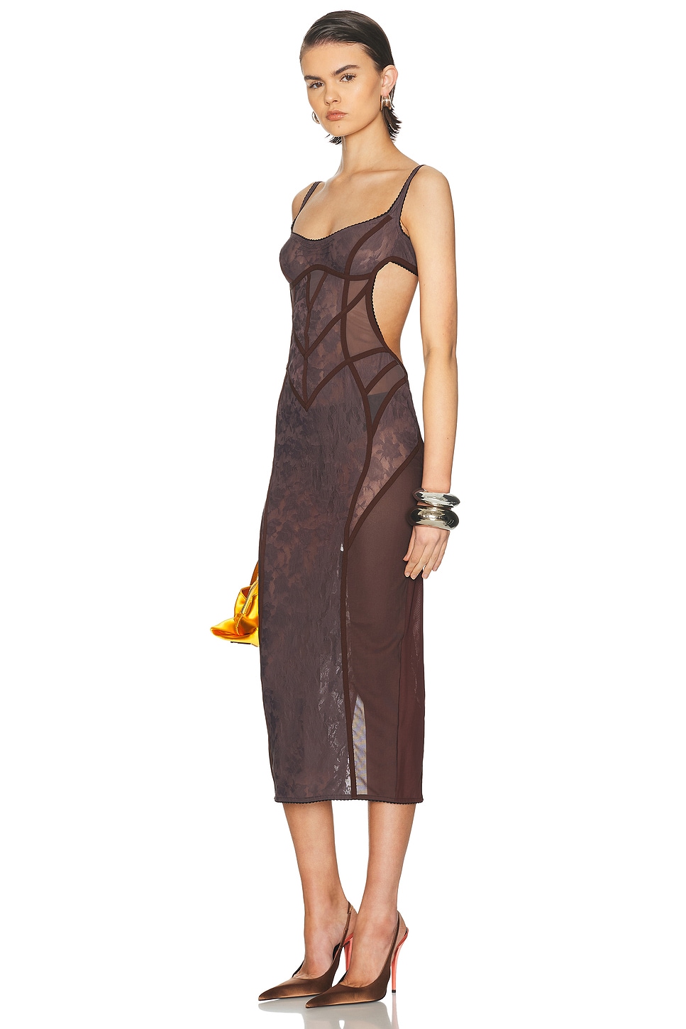 THE ATTICO Midi Lace Dress in Brown - Brown. 36 also , 40