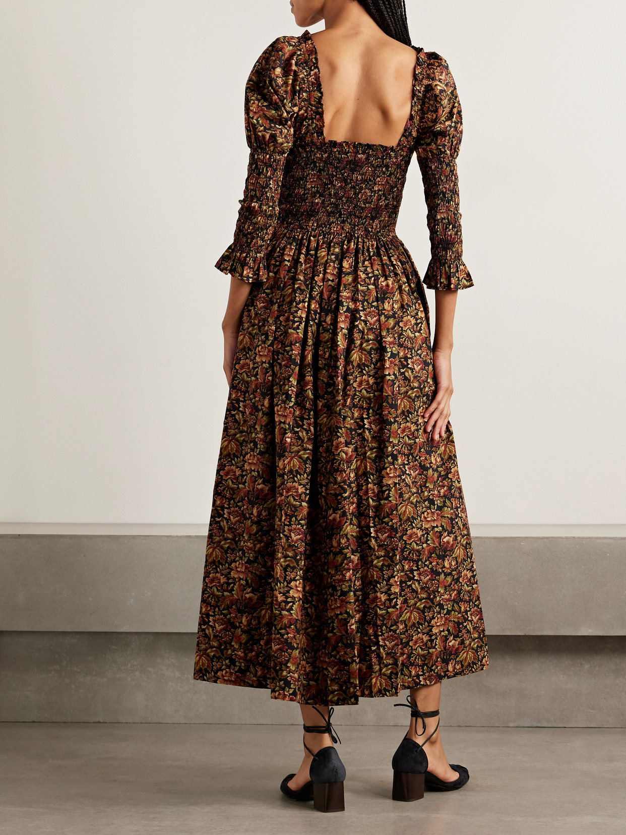 Bijou Shirred Floral-print Organic Cotton-voile Midi Dress - Black
