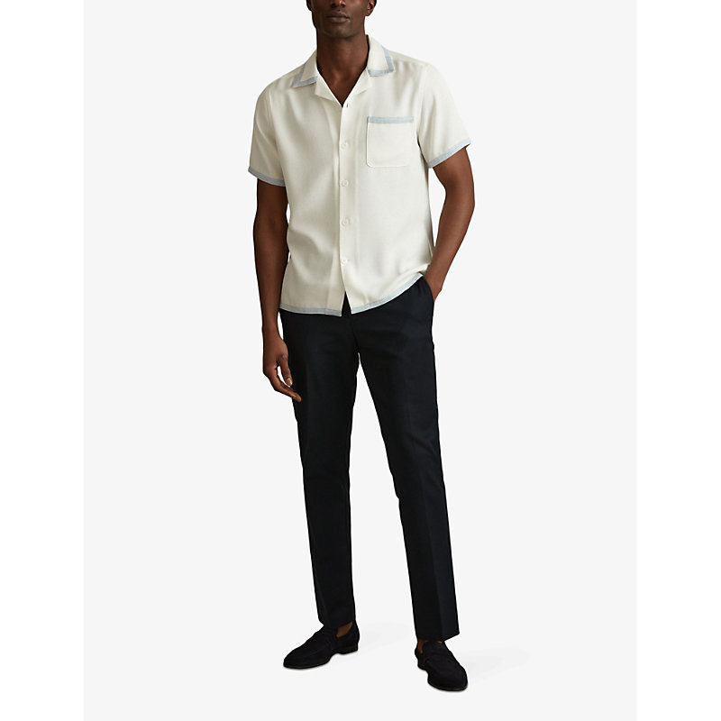 Mens Ecru/soft Blue Vita Contrast-trim Regular-fit Woven Shirt L