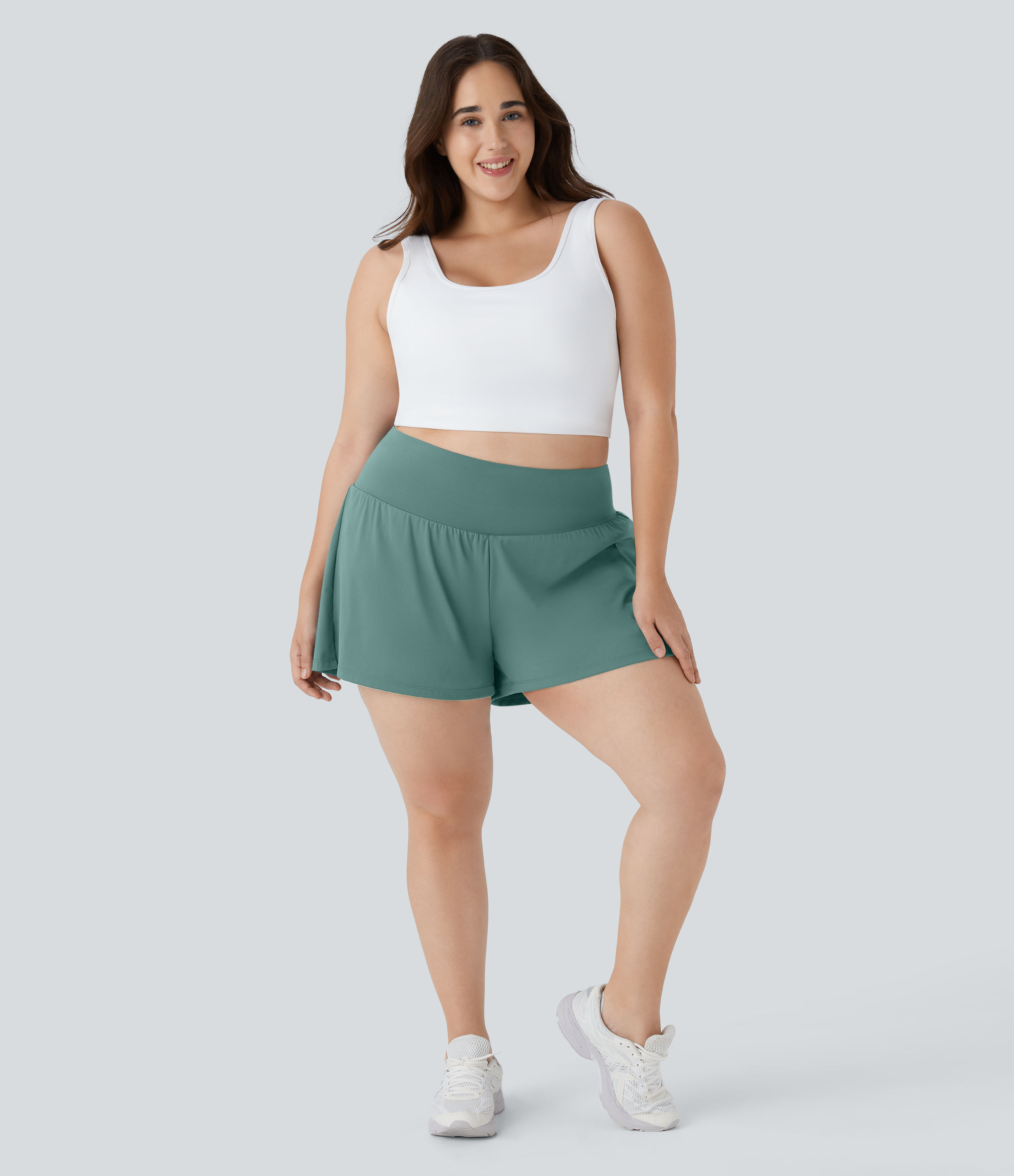 Super High Waisted Pocket & Pocket 2-in-1 Yoga Plus Size Shorts 4''-Longer Length Gym Short - Blue Spruce