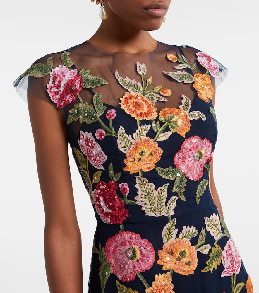 Floral sequined tulle midi dress