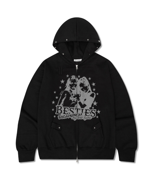 Bestie ESCF Print Star Rivet Point Fleece Two-Way Hoodie Zip-Up